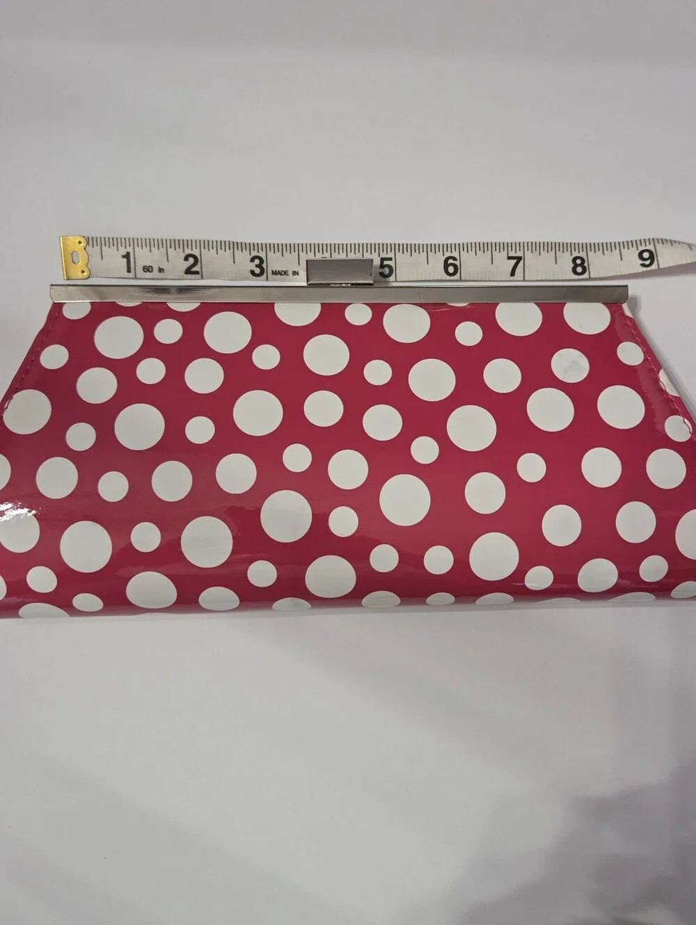 Neiman Marcus Pink White Polka Dot Patent Clutch Purse With Chain Strap